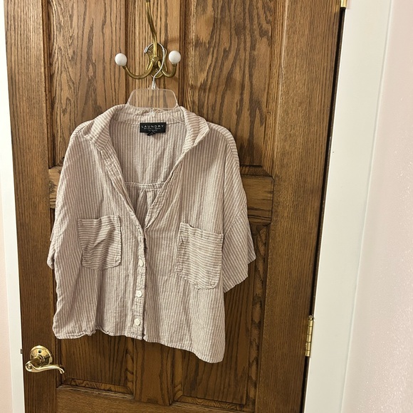 Laundry By Shelli Segal Beige Striped Casual Button Down Shirt Medium - Picture 3 of 9